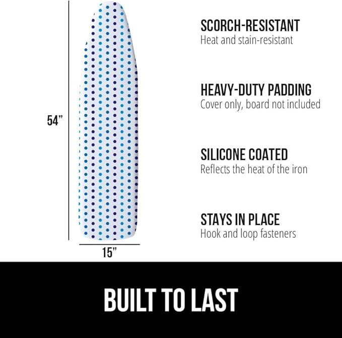 The Original GORILLA GRIP Ironing Board Cover, Silicone Coating, Full Size Scorch Resistant Padding, Elastic Edge, Heavy Duty Iron Pad Covers Standard Boards, Hook and Loop Fastener Strap, Blue Dots