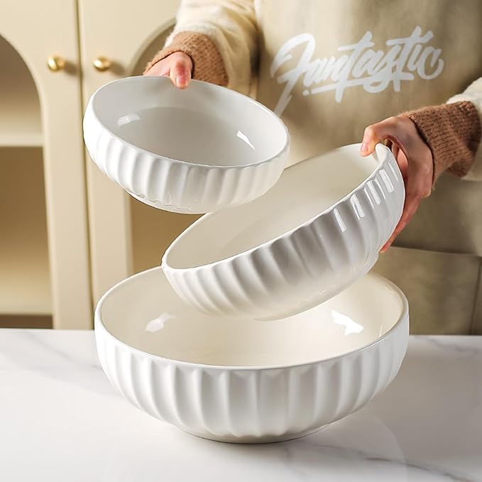 Large Ceramic Mixing Bowls Set, Bowls Set For Kitchen,Large Bowl Set of 3, Prep Serving Bowl for Baking and Mixing Salad,Oven, Microwave and Dishwasher Safe