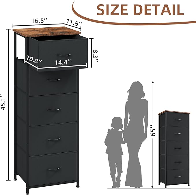 Somdot Tall Dresser for Bedroom with 5 Drawers, Storage Organizer Chest of Drawers with Removable Fabric Bins for Closet Bedside Nursery Laundry Living Room Entryway Hallway, Black Rustic Brown