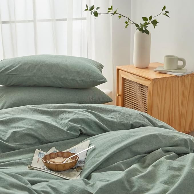 FACE TWO FACE Bedding Duvet Cover Set 3 Pieces 100% Washed Cotton Duvet Cover Linen Like Textured Breathable Durable Soft Comfy (California King, Reversible Green)