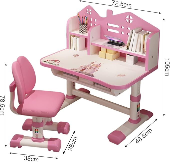 Children Learning Desk and Chair Set Pink Desk Set Height Adjustable with Drawers and Storage Compartments Curved Desktop Cartoon Learning Desks and Chairs Reading/Learning/Writing for Girls (Pink)