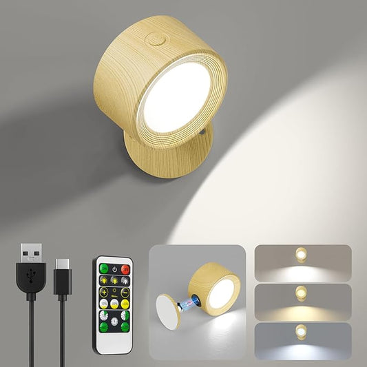 Lightbiz LED Wall Sconces, Wall Mounted Lamp with Remote Rechargeable Battery Operated, 3 Color Temperatures & Dimmable Wall Lights Magnetic 360° Rotation Wireless Light