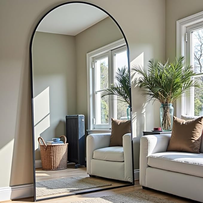 OGCAU Full Length Mirror, 78"x38" Arched-Top Full Body Floor Mirror Hanging or Leaning, Standing, Wall Mounted with Aluminum Frame for Living Room (Black)