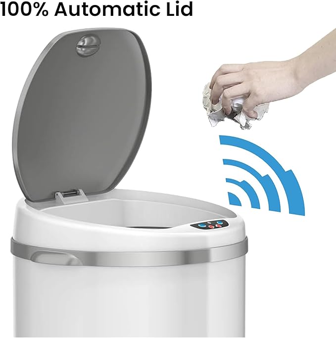 iTouchless 13 Gallon Trash Can with Odor Filter, Round White Stainless Steel Trashcan Garbage Bin for Home Office Work Bedroom Living Room Garage Large Capacity Slim Wastebasket