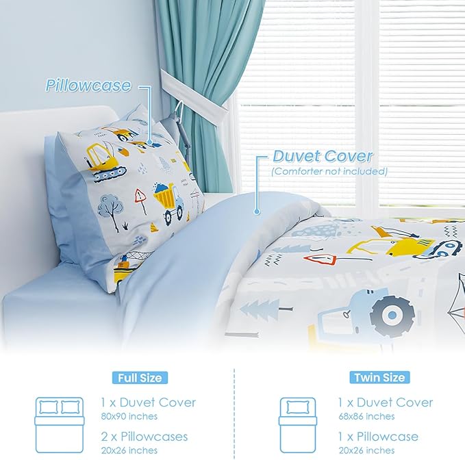 SANDJEST Construction Duvet Cover Sets Twin Size for Kids Boys, Include 1 Polyester Comforter Cover 68x86 Inches and 1 Pillowcase 20x26 Inches, Comforter Not Included, Gift for Christmas Birthday