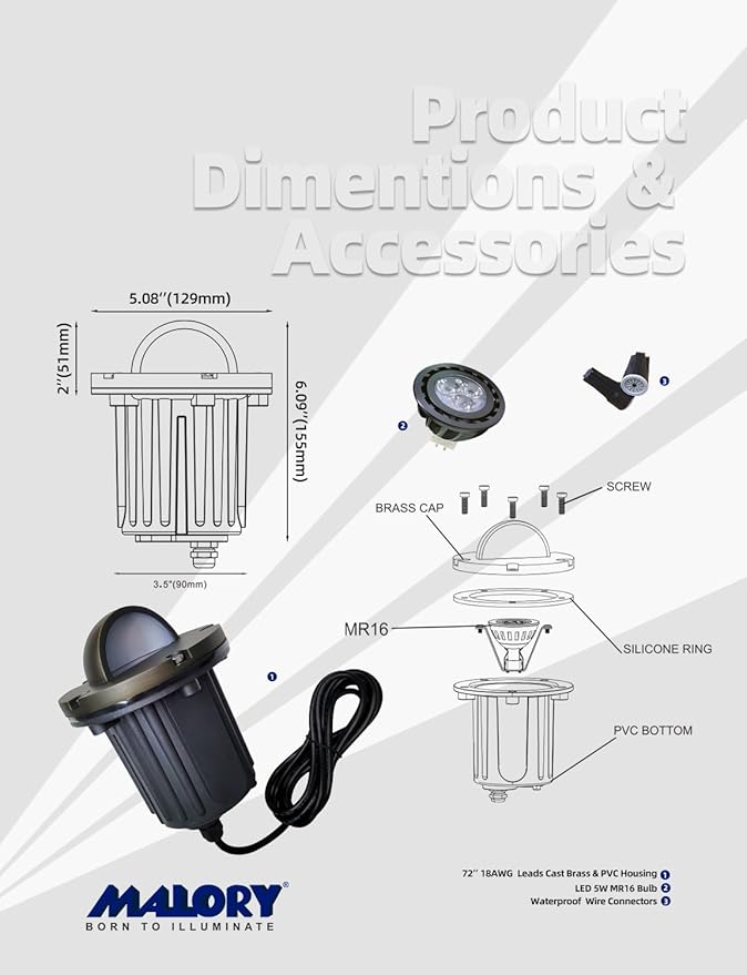 MALORY Brass Top Cover Landscape Well Lights,（6‘’H 12V Low Voltage Outdoor In Ground Lights,Landscape Lighting for Pathway, Driveway and Garden (Beacon Top, 1-Pack with Bulb)