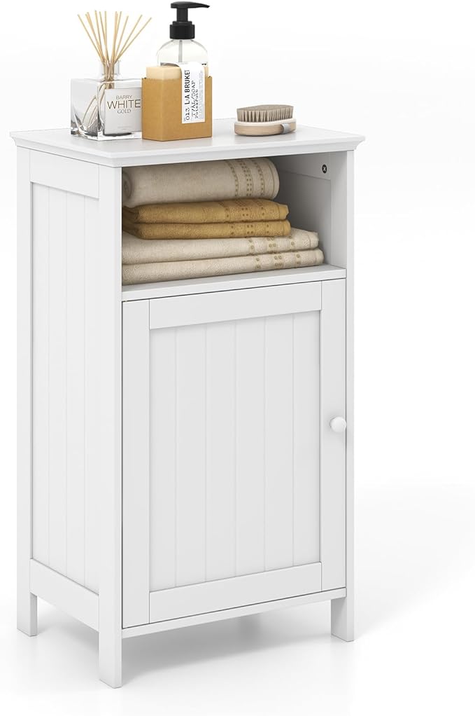 Tangkula Bathroom Storage Cabinet, Freestanding Wooden Single Door Side Floor Organizer with Adjustable Shelf, Small Bathroom Cabinet for Small Spaces, Living Room (White)