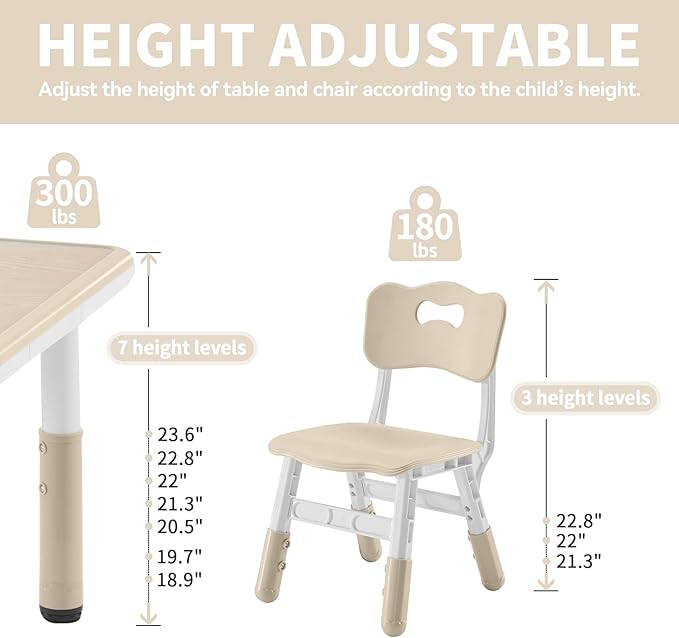 Toddler Table and Chairs Set for 4, 47.2''L x 23.6''W Kids Study Table and Chair Set, Height-Adjustable, Graffiti Desktop, Children Activity Table for Daycare, Classroom, Home