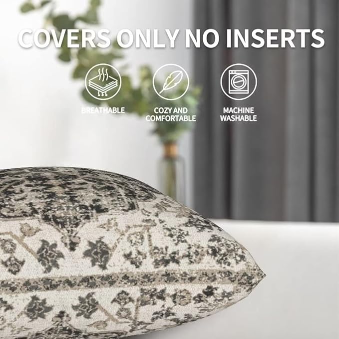 Boho Throw Pillow Covers 16x16 Set of 2, Black Brown Carpet Pattern Pillow Covers Ethnic Rustic Farmhouse Cushion Cases Linen Decorative Gifts for Couch Sofa Indoor Outdoor
