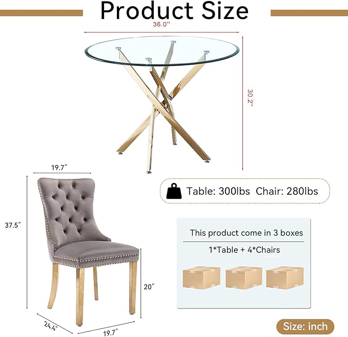 Goujxcy 5 Piece Round Glass Dining Table Set for 4, 36" Round Dining Table & Chair Set Modern Circle Glass Kitchen Table and 4 Velvet Upholstered Chairs for Kitchen Dining (Gold Table & Grey Chair)