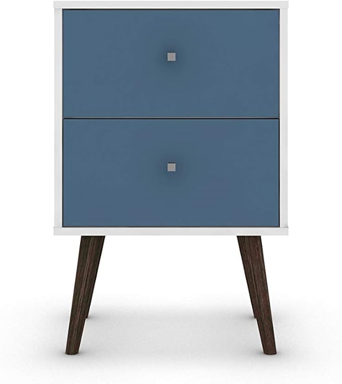 Manhattan Comfort Liberty Mid Century Modern Nightstand with Drawers, Bedside Table for Bedroom and Living Room, Night Stand Accent Decor, Easy Assembly, White/Blue
