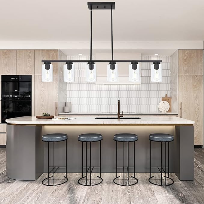 Black 6-Lights Kitchen Island Light with Clear Glass Shades, Farmhouse Hanging Pendant Light Fixture for Farmhouse Dining Room Living Room