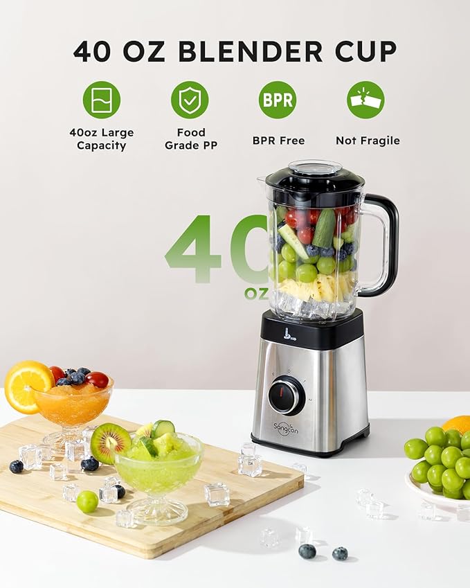 Sangcon Blenders for Kitchen - Smoothie Blender - Personal Blender Combo for Kitchen, Blender for Shakes and Smoothies, Grinding & more, 40 oz Jar & 17oz Cup with To-Go Lid