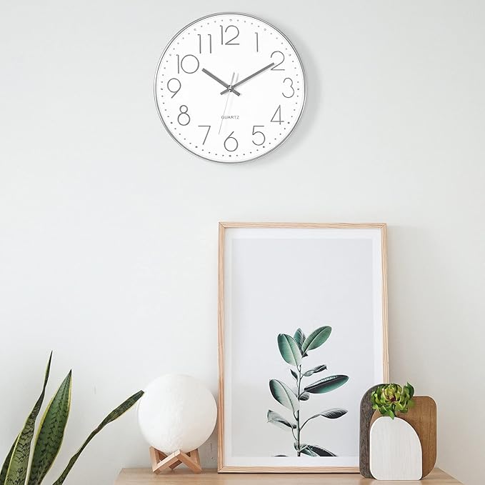 Foxtop Silver Wall Clock Silent Non-Ticking Battery Operated Round Modern Wall Clock for Office School Home Living Room Bedroom Bathroom Kitchen Decor 12 inch