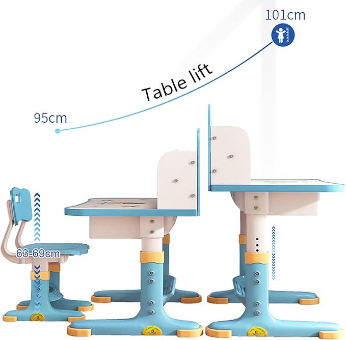 Children Learning Desk and Chair Set Learning Desk Height Adjustable with Drawer Wide Desktop Cartoon Pattern Table and Chair Set Suitable for Reading, Learning, Writing, Painting, Etc Blue