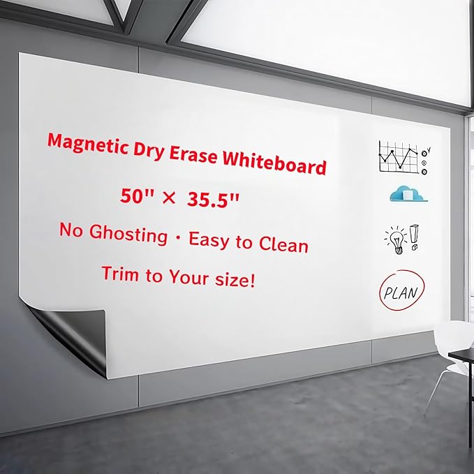 Magnetic Dry Erase Whiteboard 50"x35.5"- Self-Adhesive Flexible Wall Board Kit with 11 Markers, 6 Magnets, Magnetic Eraser & Holder - Ultra Smooth Writing,Effortless Clean for Office, Home, School