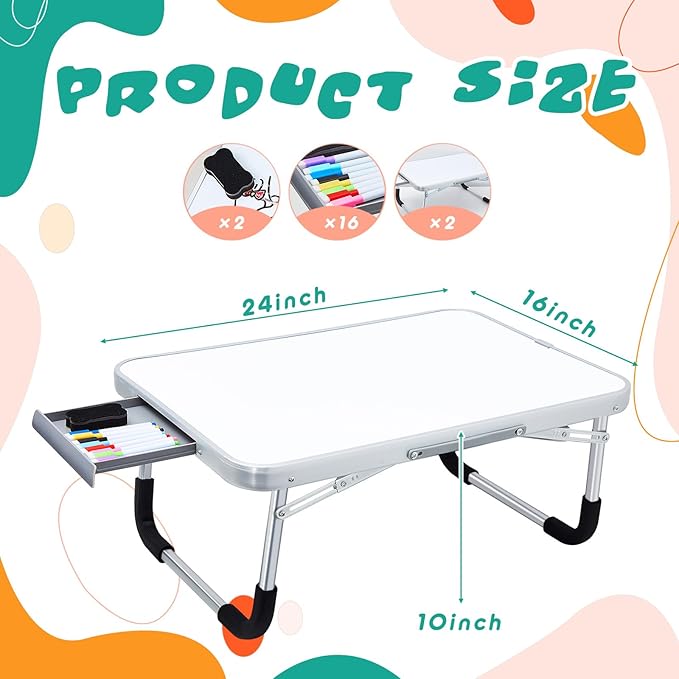 Suzile 2 Pcs Kids Lap Desk with Dry Erase Board, 24" x 16" Foldable Study Tray with Drawer, Markers & Eraser, Portable Desk for Art, Homework, First Day & Back to School Supplies