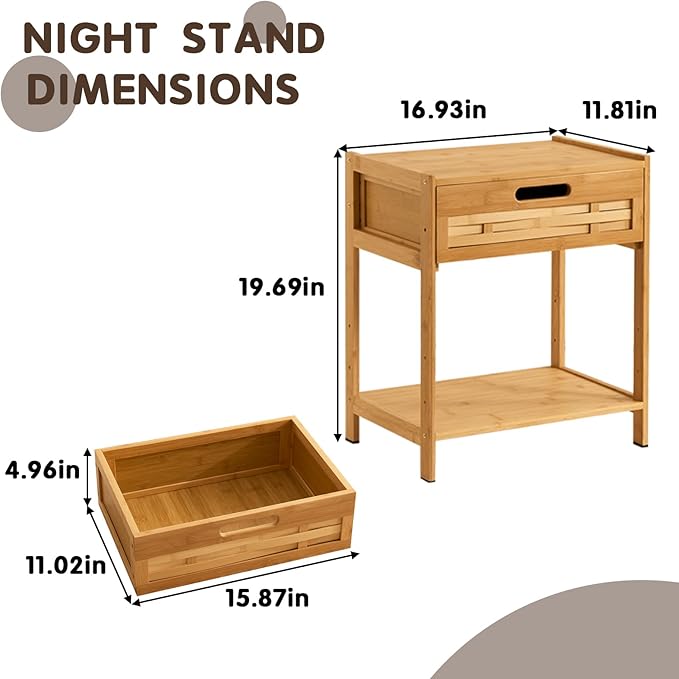 Bamboo Night Stand Bedside Table- Bed Side Table with Drawers, Small Nightstand for Bedroom, Dorm, Sofa, Easy Assembly, Rustic Bedside Tables Multi Small Space Furniture