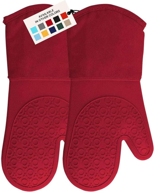 BPA-Free Silicone Oven Mitts Ultra Heat Resistant up to 500°F - Oven Mitts with Thick Cotton Liner - Long Slip Resistant Pot Holders, Flexible Oven Gloves - Empire Red 13.7