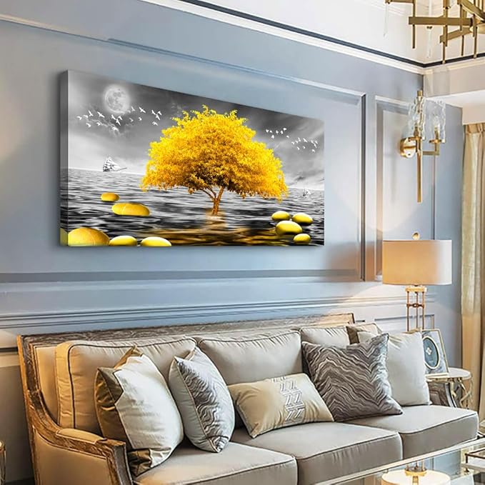 Wapluam Canvas Wall Art For Living Room Large Wall Decor For Bedroom Modern Office Wall Decoration Black And White View Wall Painting Yellow Tree Pictures Artwork For Walls Room Home Decor 40X20 in
