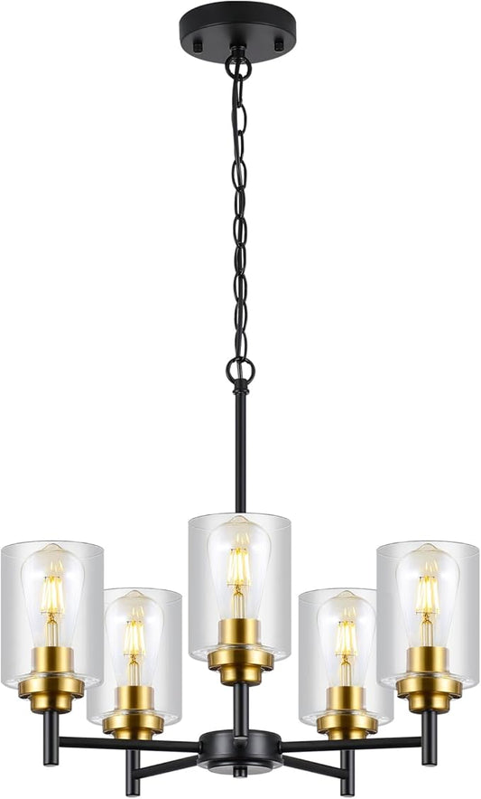 9MMML 5 Lights Glass Chandelier,Modern Kitchen Island Lighting Black and Gold Metal Dining Room Light Fixture for Living Room Foyer,E26