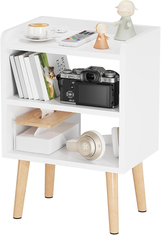 LUCKNOCK Mid Century Modern Nightstand, White Wood Bedside Table, 3 Tier Tall End Side Table with Open Storage Shelves, Small Night Stand for Bedroom, Kids Room & Small Spaces.