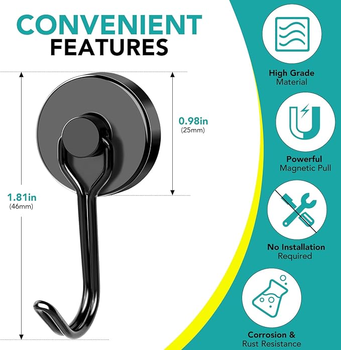 DIYMAG Black Magnetic Hooks, 80LBS Strong Magnetic Hooks Heavy Duty, Strong Magnet Hooks with Metal Hanger for Hanging Refrigerator Home Kitchen Office, 4Pack