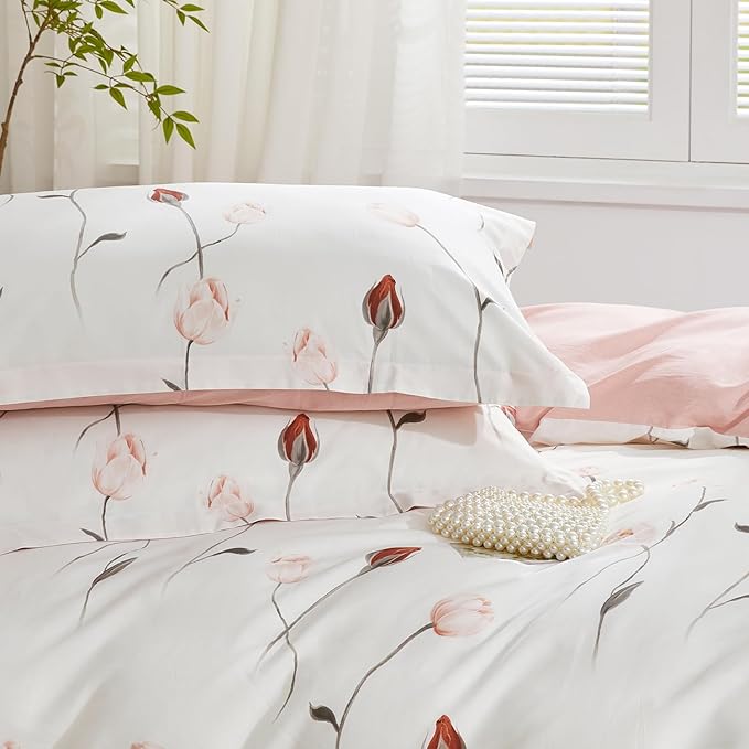 SAPHREAS Floral Duvet Cover Set 3pcs Full Size Pink Red Botanical Rose Bedding Comforter Cover Set 100% Cotton 1 Duvet Cover 90"x80" 2 Pillow Shams, Comforter Not Included