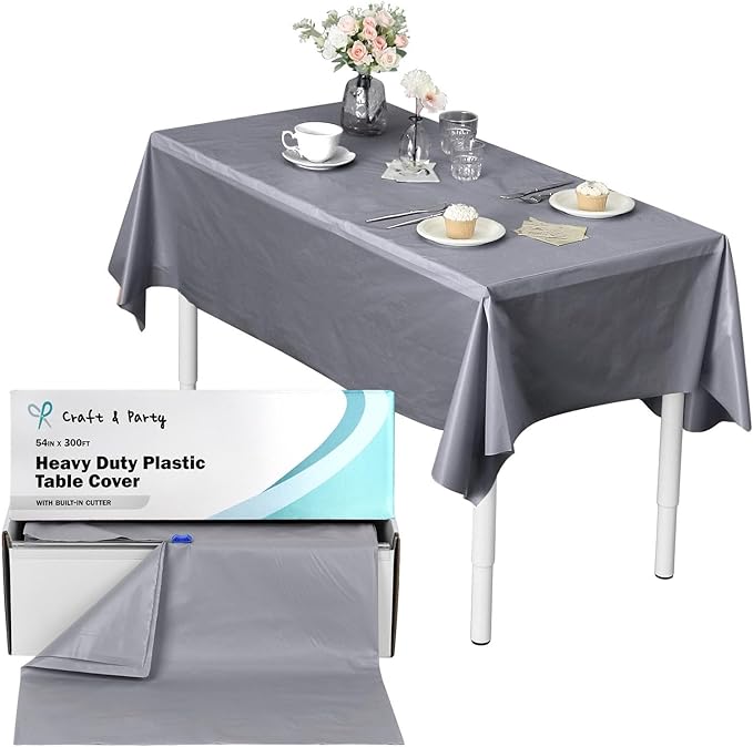 Craft And Party, 54 in x 300 feet Plastic Table Cover Roll for Party, Banquet, Picnic, Kids Activities for Any Size and Shape Table (Silver, 54" x 300ft)