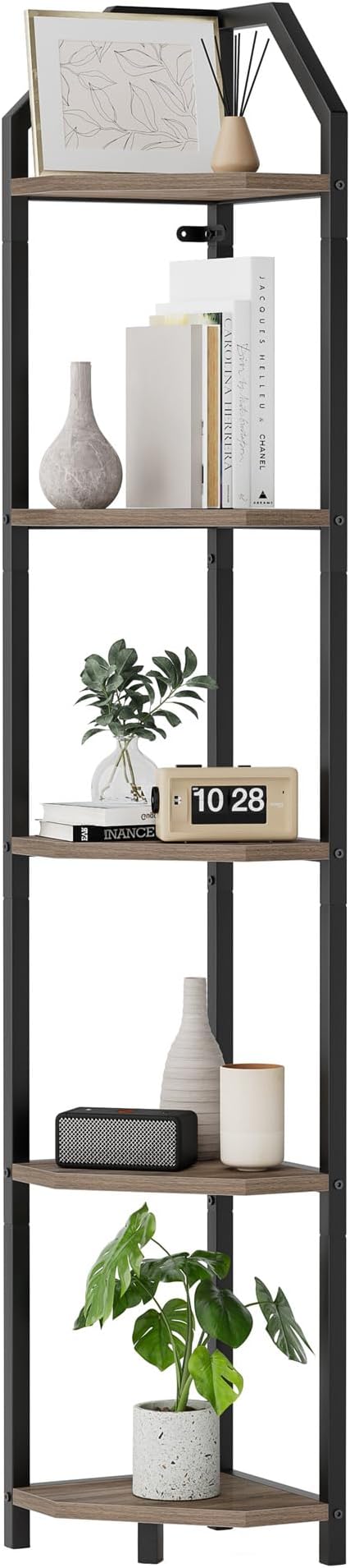 5-Tier Corner Shelf | 70 Inch Tall Bookshelf & Plant Stand, Heavy Duty Storage for Home Office & Living Room - Grey