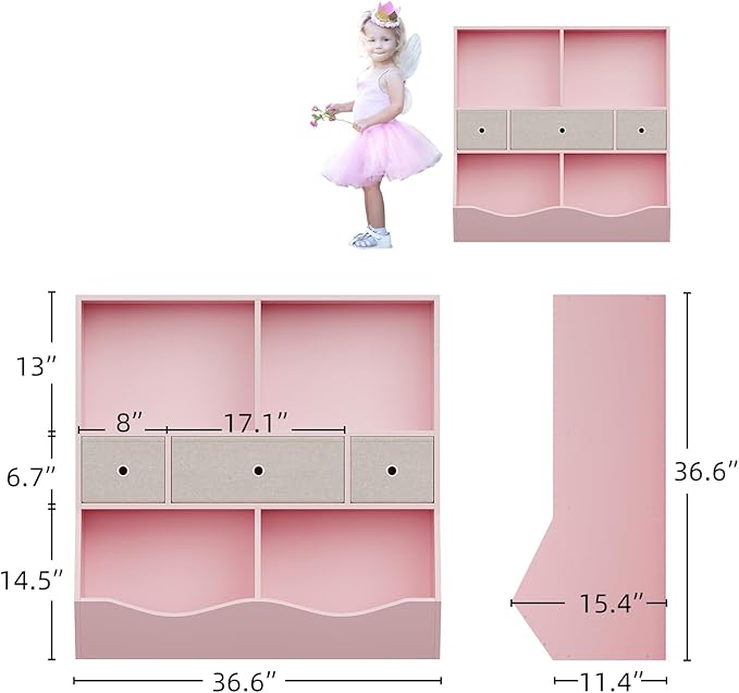 GAOMON 3-Tier Kids Bookshelf & Toy Storage Organizer - Wooden Bookcase with 6 Drawers, 8 Cubby Shelves, Anti-Tip Safety Design - Nursery, Playroom, Children's Room -2 Set Pink