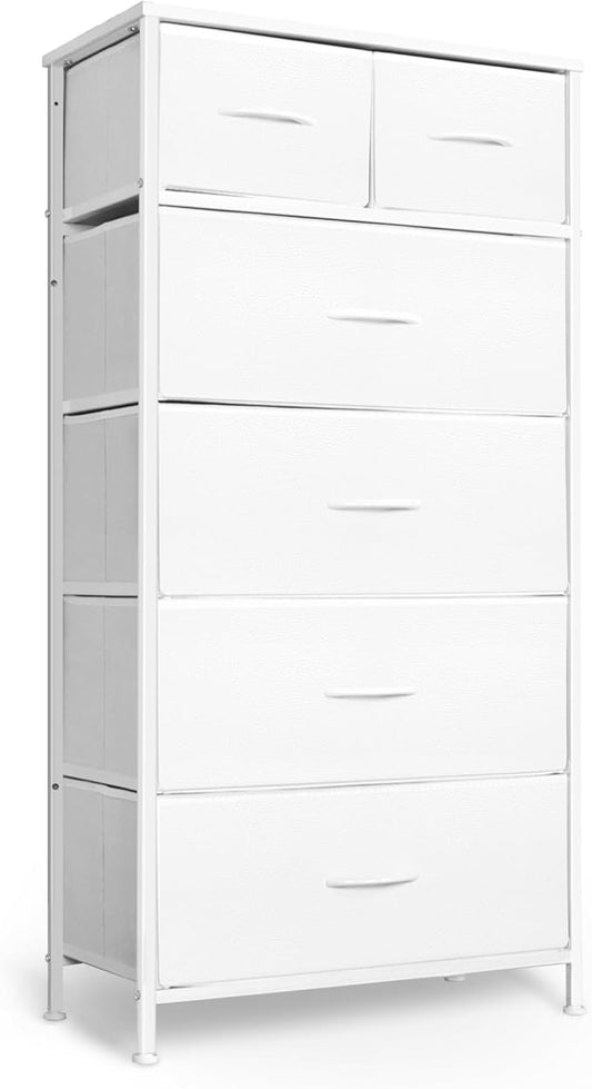 Tall Dresser for Bedroom, Vertical Storage Organizer Tower with 6 Drawers, Chest of Drawers with Fabric Bins, Steel Frame, Wood Top for Bedroom, Closet, Entryway- White