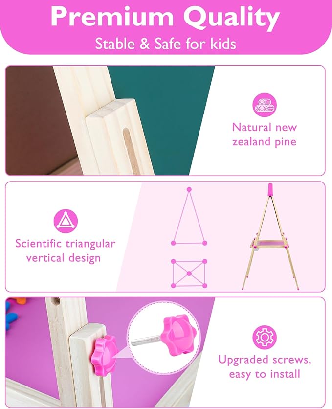 Easel for Kids,Toddler Art Easel Toys for Ages 2-4 5-7,Toys 2 3 4 5 6 7 8 9 Year Old Girl Gifts,Wooden Double-Sided Magnetic Dry Erase Whiteboard and Chalk Board with Paper Roll,Boy Girl Birthday Gift