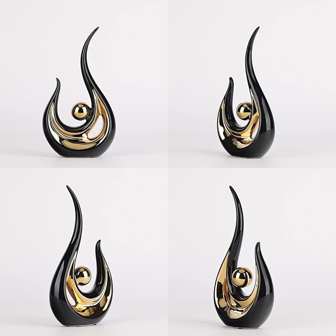 Black and Gold Home Decor, Abstract Ceramic Statue 2 Piece Set for Living Room Coffee Table Decor, Home Office, Room Decor, Table Decor