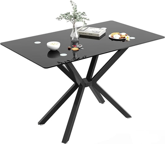 47'' Modern Glass Dining Table for 2-4 People, Rectangular Dining Room Table with Black Metal Legs, Clear Tempered Glass Top Dining Table for 4, Black Dining Kitchen Table for 4