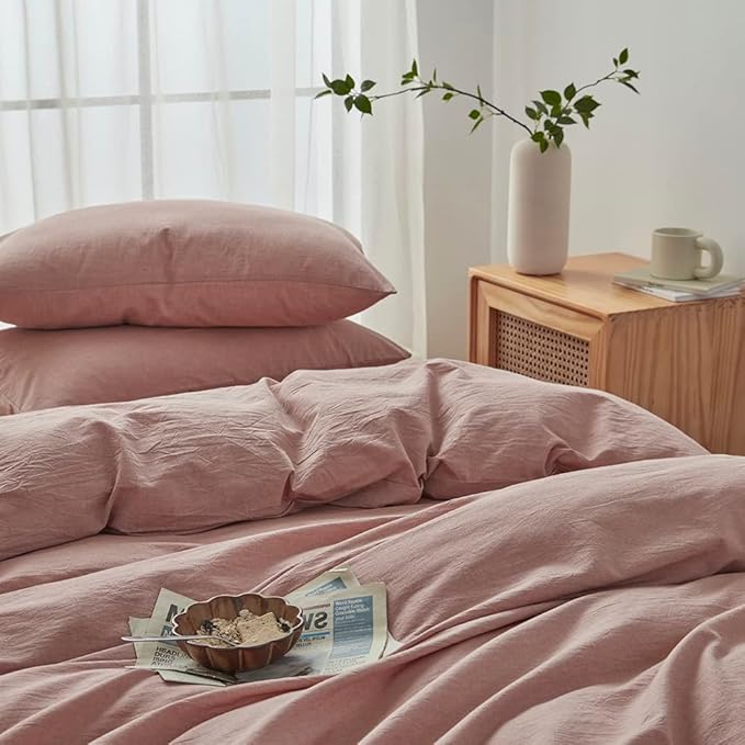 FACE TWO FACE Bedding Duvet Cover Set100% Washed Cotton Duvet Cover Linen Like Textured Breathable Durable Soft Comfy (Full, Old Pink)
