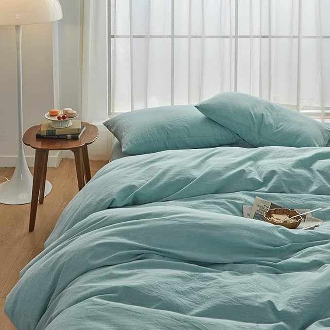 FACE TWO FACE Bedding Duvet Cover Set100% Washed Cotton Duvet Cover Linen Like Textured Breathable Durable Soft Comfy (Full, Dusty Blue)