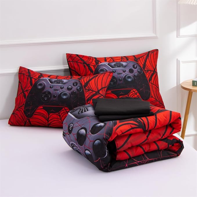 NTBED Game Console Comforter Set for Boys Girls Kids Spider Web GamingLightweight Microfiber Gamer Bedding Sets (Red, Full 5Pcs)