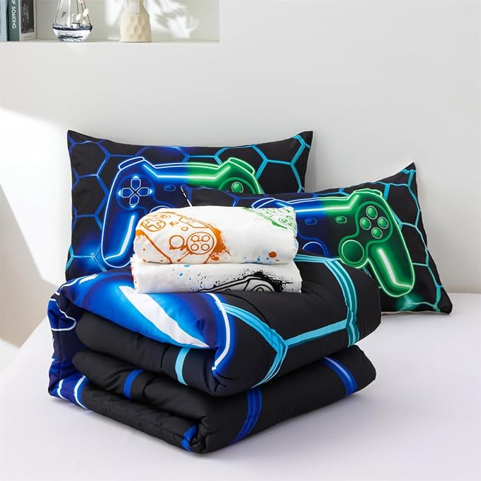 NTBED Game Console Comforter Set for Boys Girls Kids 3D Gaming Geometric Lightweight Microfiber Gamer Bedding Sets (Blue Green, Twin 5Pcs)