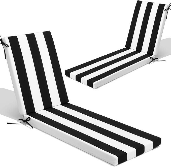 Crestlive Products Chaise Lounge Cushions Set of 2, Outdoor Cushions for Patio Furniture, Water Resistant Lounge Chair Cushion for Pool, Deck, Lawn, 80''L x 21''W, Black White Stripe
