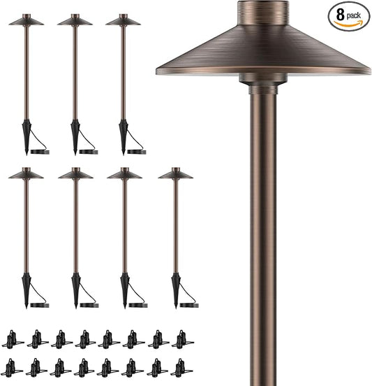 ZONEGRACE 8 Pack Solid Brass Low Voltage Pathway Lights,Outdoor Wired LED Landscape Path Lights,AC/DC 12V Bronze Pathway Lighting for Walkway Garden Yard,UL Listed Cord,Without Replacement Bulbs