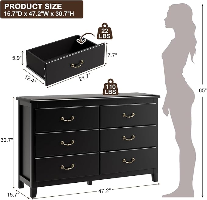 Farmhouse Dresser for Bedroom, Dressers & Chests of Drawers with Large Drawer, Wooden Tall Rustic Dresser for Bedroom