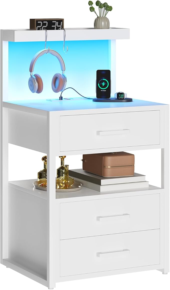 VIAGDO Nightstands Set of 2 with LED Lights, 3 Drawers Night Stands with Charging Station, White Bedside Tables with Storage Shelves, Modern End Side Tables for Bedroom, Office