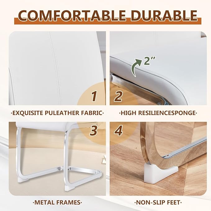 63'' Glass Dining Table Set for 6, Kitchen Table Chairs Set of 6, Clear Glass Dining Table with White unique design Leg and Silver Metal Base, 6 PU Dining Chairs with Metal Legs, Living Room, Kitchen.