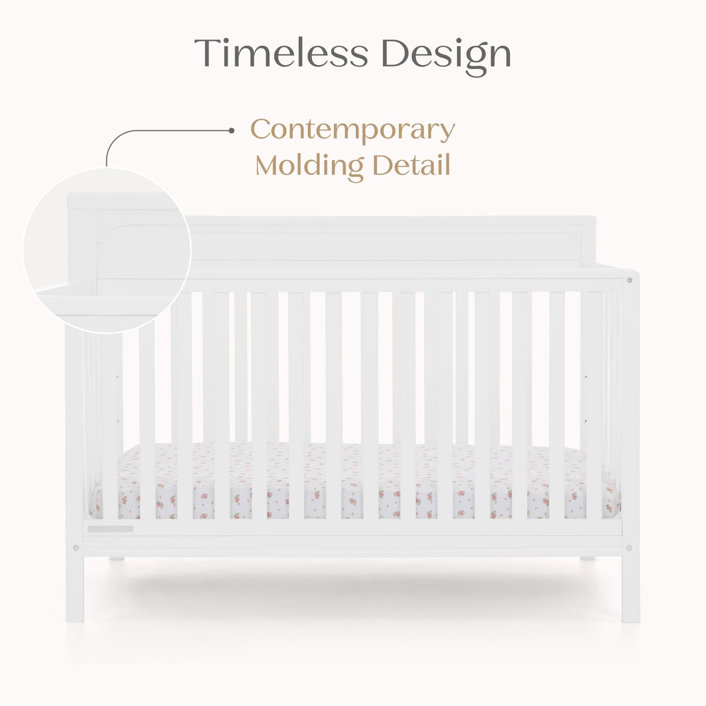 Delta Children Isabelle 6-in-1 Convertible Crib, Converts to Toddler Bed, Daybed, Sofa & Full Bed with/Without Footbaord, Greenguard Gold Certified, Mattress Heights, Bianca White