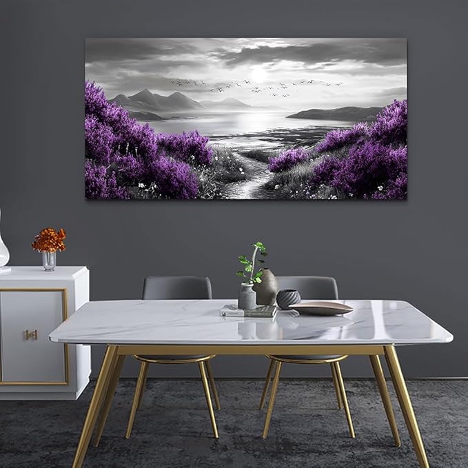 Canvas Wall Decor for Office Large Wall Art for Living Room Modern Bedroom Wall Decoration Purple Flowers Landscape Pictures Black and White Scenery Paintings Artwork Aesthetic Home Decor