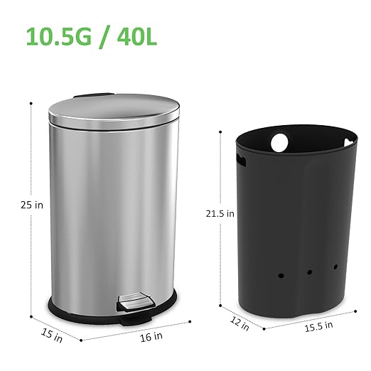 Kitchen Trash Can with Lid - 10.5Gallon/40L Oval Stainless Steel Trash Can with Removable Inner Liner and Lid Soft Close, Foot Pedal Garbage can for Home Office,Fingerprint Proof Silver