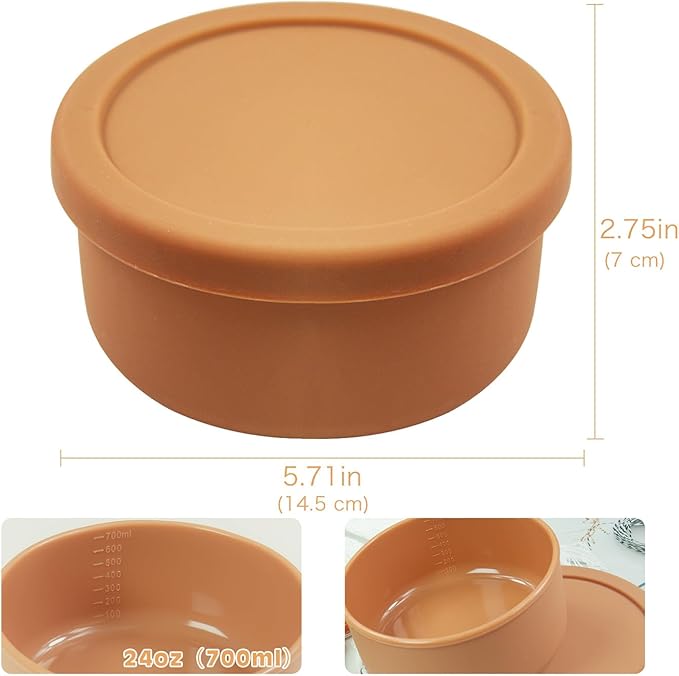XU&PEIQI 24oz Silicone Food Storage Containers,Round Bowls with Lids - Meal Prep Containers for Kitchen Serving, Salad & Lunch - Airtight, Microwave/Fridge/Dishwasher Safe, BPA-Free (Brown)