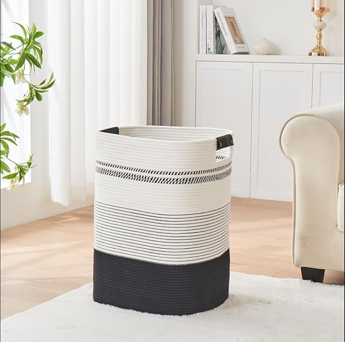 Laundry Basket with Handles - Blanket Basket & Hampers for Bedroom Aesthetic, Laundry Hamper & Blanket Storage for Living Room, Clothes Hamper, Tall, Large 17" x 14" x 22”, Black & White