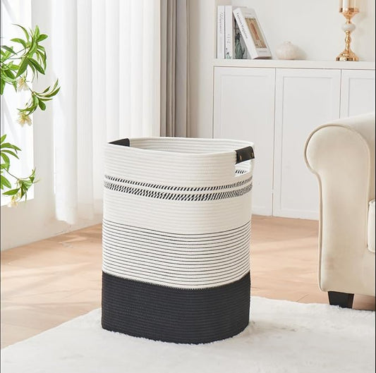 Laundry Basket with Handles - Blanket Basket & Hampers for Bedroom Aesthetic, Laundry Hamper & Blanket Storage for Living Room, Clothes Hamper, Tall, Large 17" x 14" x 22”, Black & White